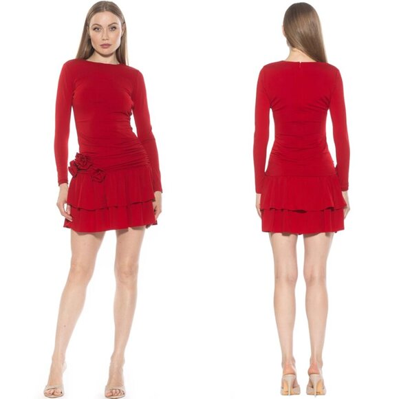 Alexia Admor Pluto Rosette Long Sleeve Mini Dress Women's Small Red Ruffle NWT - Picture 1 of 16